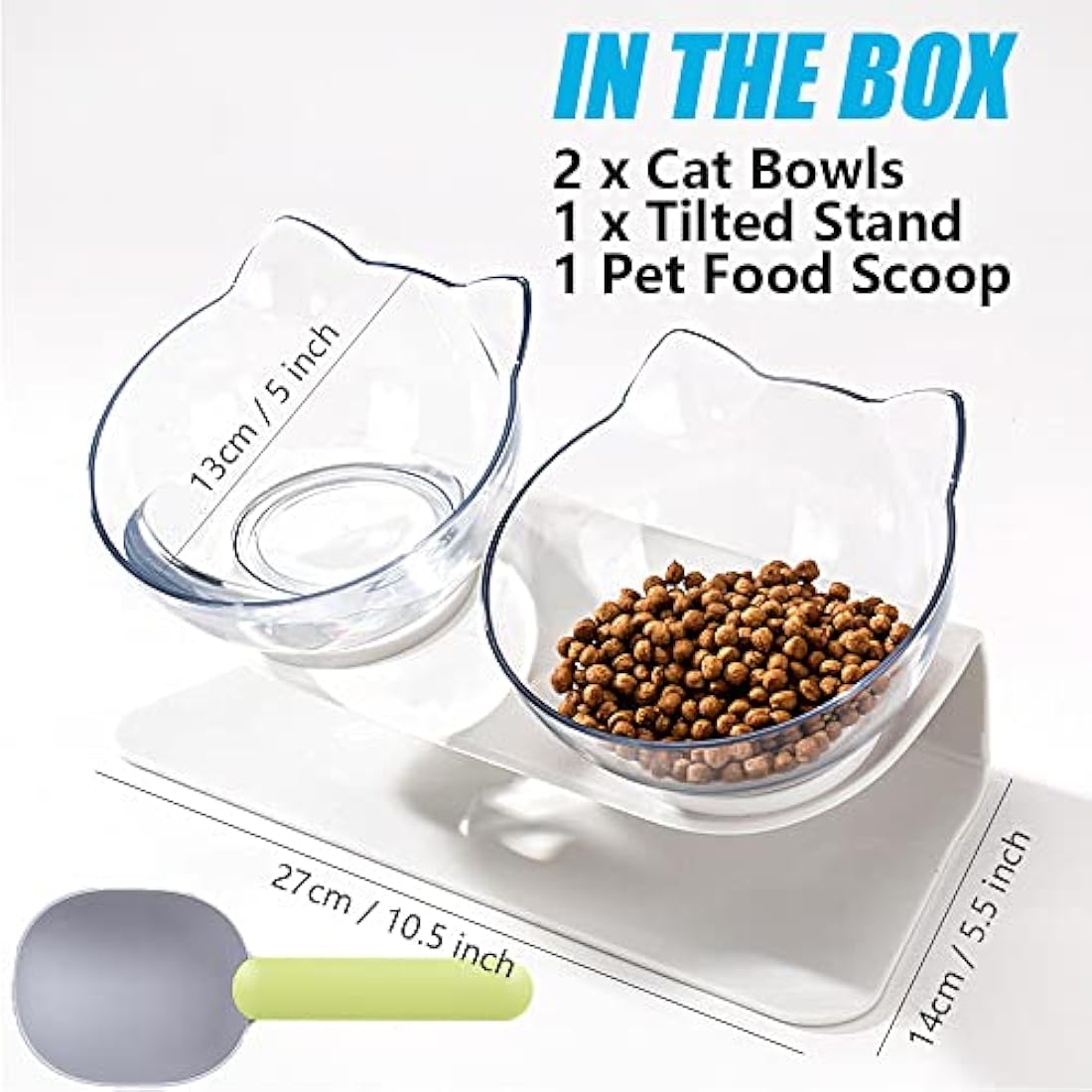 Raised Cat Bowl with Stand, 15° Tilted Cat Bowls for Kittens Elevated Cat Bowl Anti Vomiting Double Cat Bowls Plastic Transparent Cat Feeding Bowl