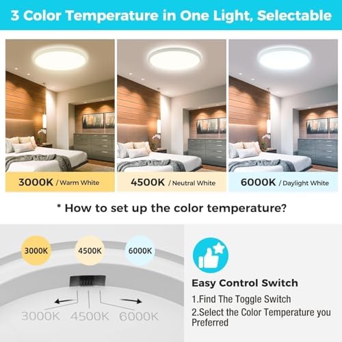libtit 24W Bathroom Lights Ceiling, 33CM 2400LM Ultra-Slim Kitchen Lights Ceiling,3000K/4500K/6000K Modern Led Flush Mount Ceiling Light Fixture for Bedroom, Office, Hallway,2Pack