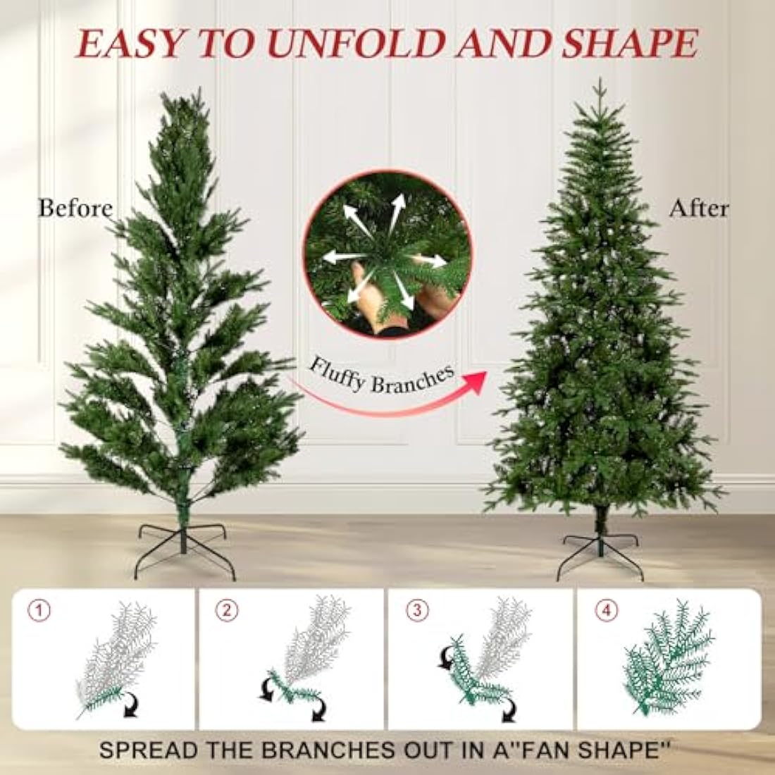 Uten 6ft Artificial Christmas Tree, with Realistic PE Leaves Artificial Indoor Home Xmas Tree Decoration, 628 Natural Looking PE & PVC Tips, Hinged Branches, Metal Stand, 2 Styles Branches, Reusable