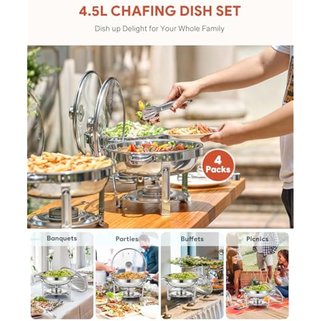 WILPREP Chafing Dish Buffet Set, 4 Pack 4.5L Round Chafers for Catering with Glass Lid & Lid Holder Water Food Pan, Stainless Steel Food Warmers