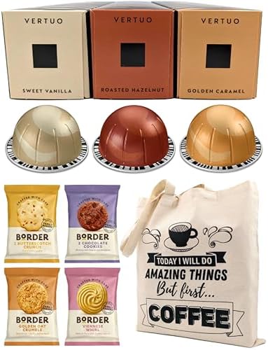 Coffee Pod Variety Pack for Nespresso Vertuo Machine - Sweet Vanilla, Roasted Hazelnut, Golden Caramel - 3 Boxes (30 Pods) Bundled with Border Biscuits and Reusable Tote Bag