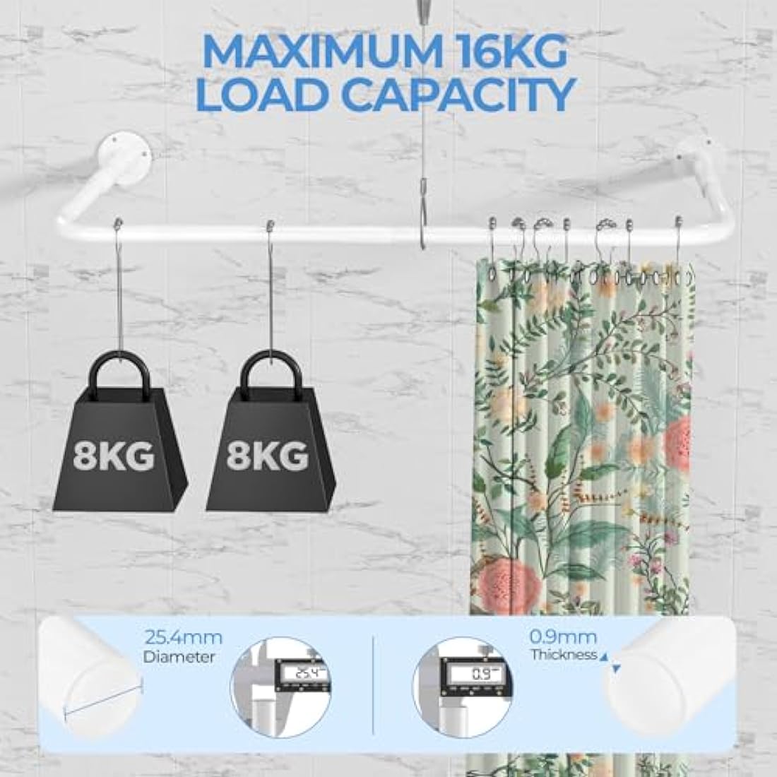 L Shaped/U Shaped Shower Curtain Rail, [60-92]X[78-198]X[60-92]cm Adjustable Shower Curtain Pole, Wall Mounted Curved Shower Rail With 12 Rings & Ceiling Support For Bathroom Bathtubs, Need Drilling