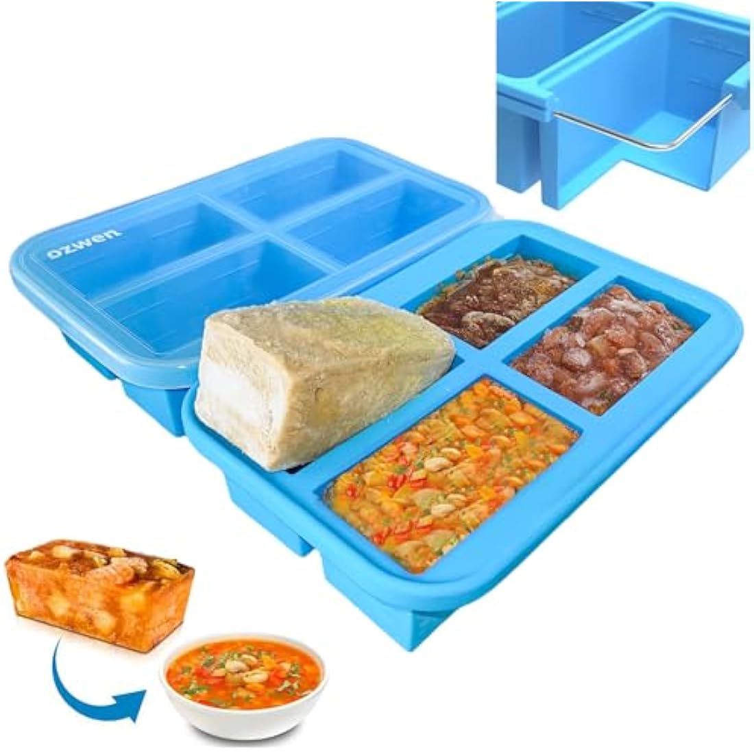 Ozwen 1-Cup Extra Large Silicone Soup Freezer Tray With Lid, Meal Prep with Soup Freezer Food Cubes Container, Baby Food Freezer and Storage Moulds for Sauce & Broth & Leftover (2-Pack, Blue)