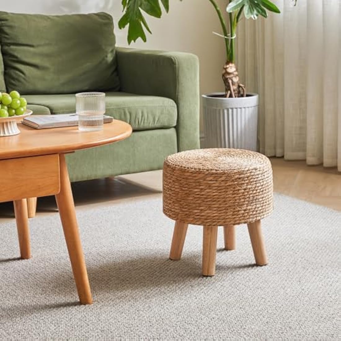 YMYNY Footstool Natural Seagrass Hand Weave, Pastoral Style Footrest, Padded Foot Rest with Non-Skid Pine Legs, Wooden Sofa Stools, for Living Room, Bedroom, 32×32×32CM, Natural Color HBD027N
