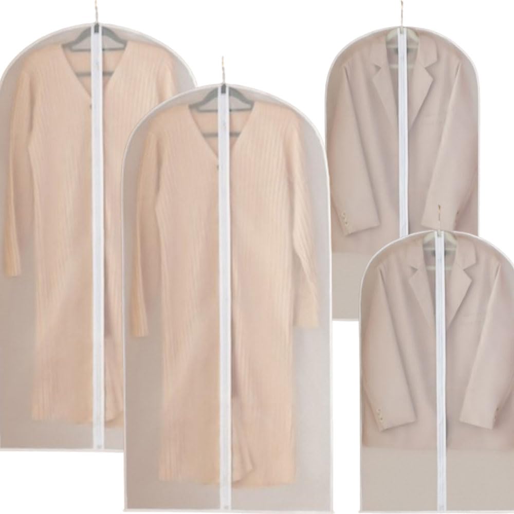 4 PCS Clothes Covers with Zip Dustproof Waterproof Moisture-Proof Dust-Proof Translucent Protective Moth Resistant Dustproof Waterproof Washable Suit