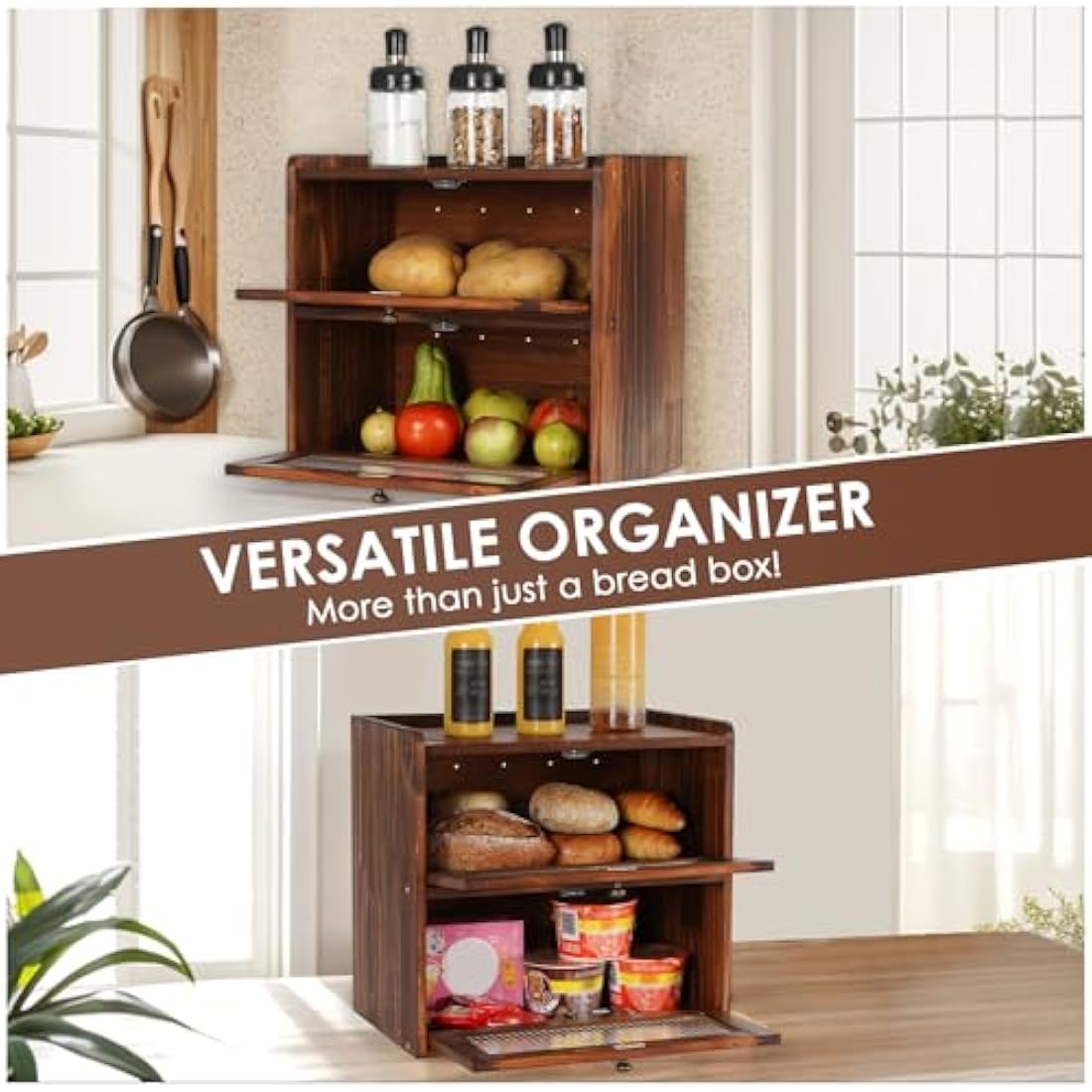 GUUSII HOME Bread Bin Wooden Breads Storage Box for Kitchen Countertop Double Decker Large food Container Homemade Front Opening Vintage Tall Fruit & Veg Cupboard Keep Fresh 36.5x24x34 cm(Brown, L)