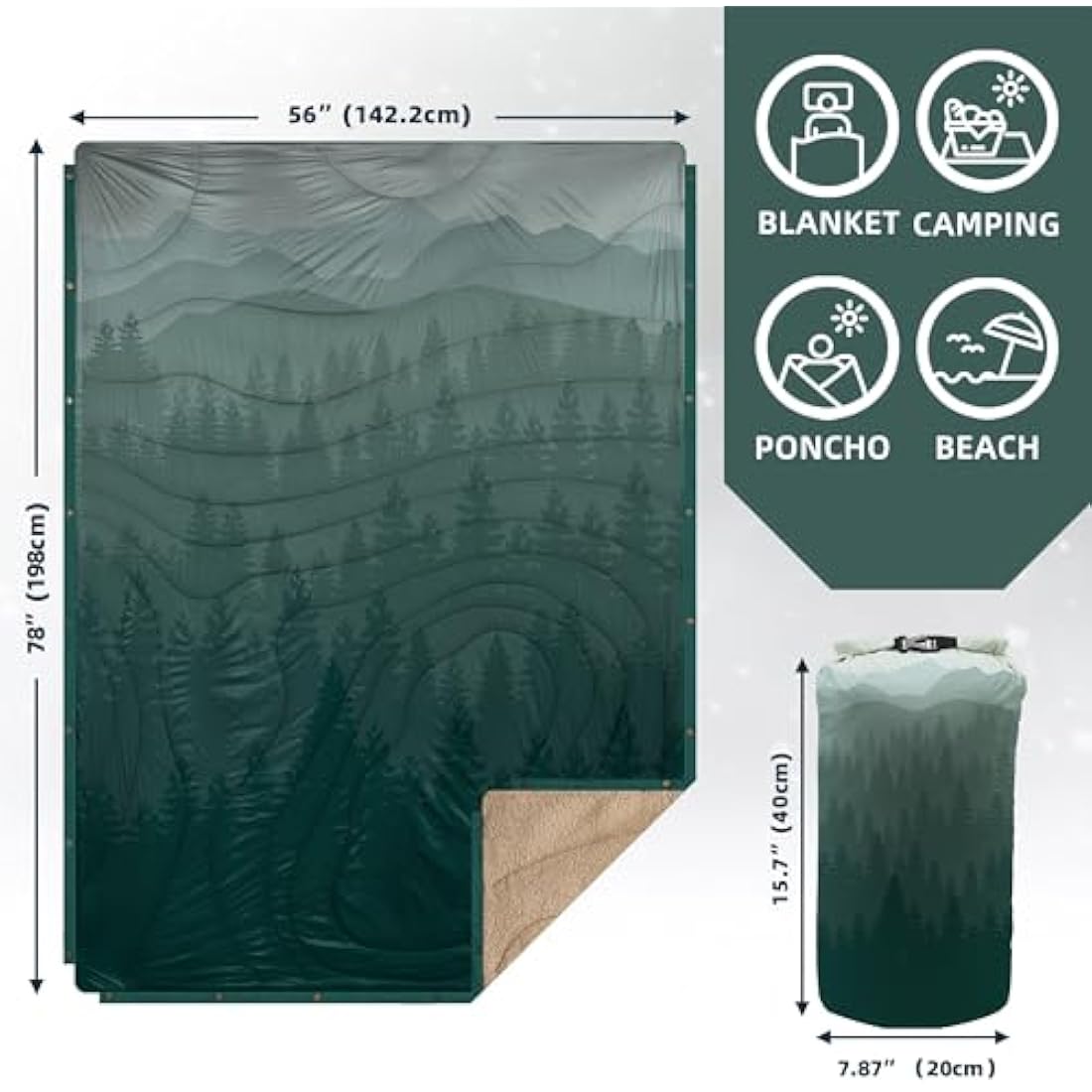 KawaGebo Kamp Outdoor Camping Blanket, Travel Blanket, Ultralight Packable, Camping Thermal Blanket, Water-Repellent for Hiking, Travel, Hammock, Van, Aeroplane Blanket, Thermal Sherpa & Ripstop, 200