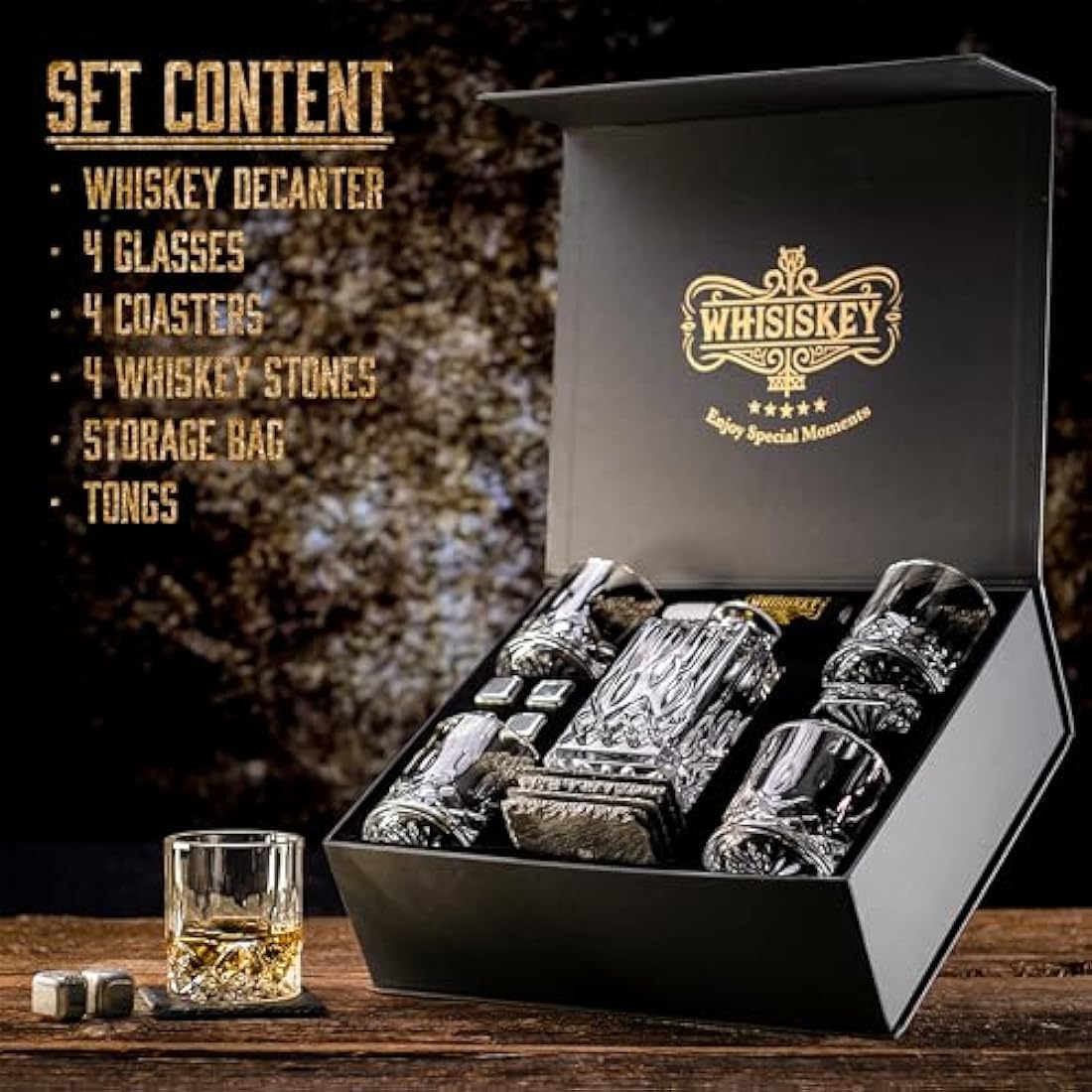 WHISISKEY - Whiskey Decanter Set - 700ML Classic Carafe - Whiskey Gift Sets for Men - Whisky Set - Glass Gifts for Men - Inc. 4 Whiskey Glasses, 4 Whiskey Stones, Accessories
