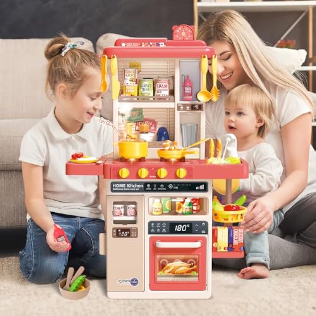 deAO Kitchen Playset Toy with Realistic Lights & Sounds, Kids Play Kitchen Set with Simulation of Spray Features, Pretend Role Play Toys with Lots of Kitchen Accessories Gift for Toddlers (Pink)