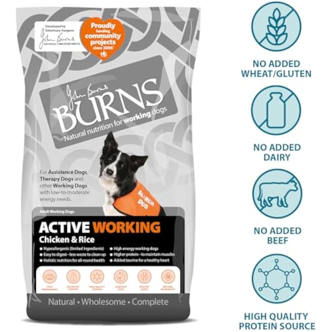 Burns Pet Nutrition Hypoallergenic Complete Dry Dog Food Adult and Senior Dog Active For Working Dogs Chicken and Rice 12 kg