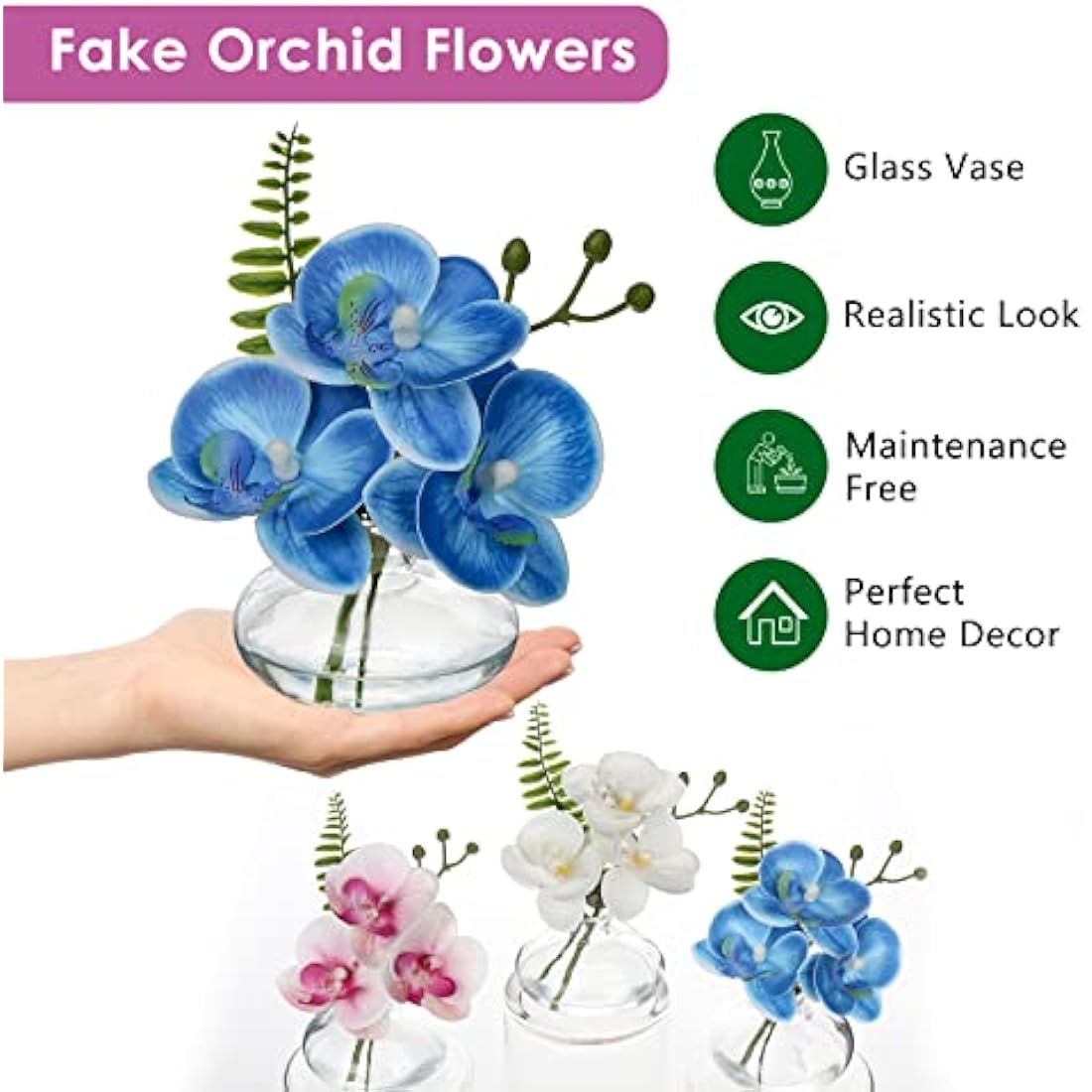 Briful Set of 3 Artificial Orchids in Glass Vase, Blue Orchids Fake Flowers in Faux Water Artificial Flowers for Decoration Artificial Plant for Living Room Bathroom Office Décor