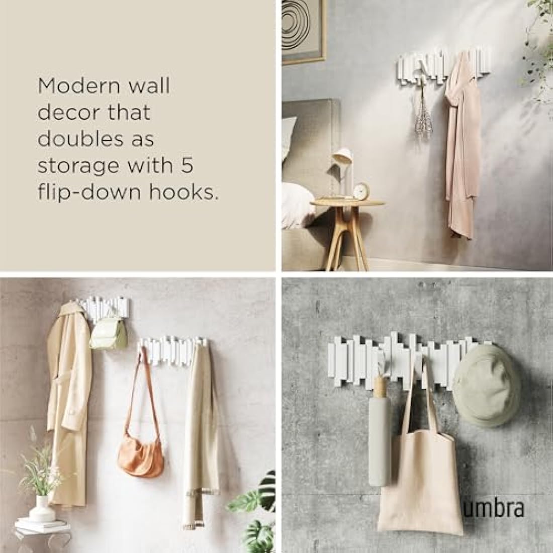Umbra Sticks Multi Hook Coat Rack - Modern, Unique, Space-Saving Wall Mounted Coat Hanger with 5 Flip-Down Hooks for Hanging Coats, Scarves, Purses and More, White,19-1/8" x 7-1/8" x 1-1/8" h