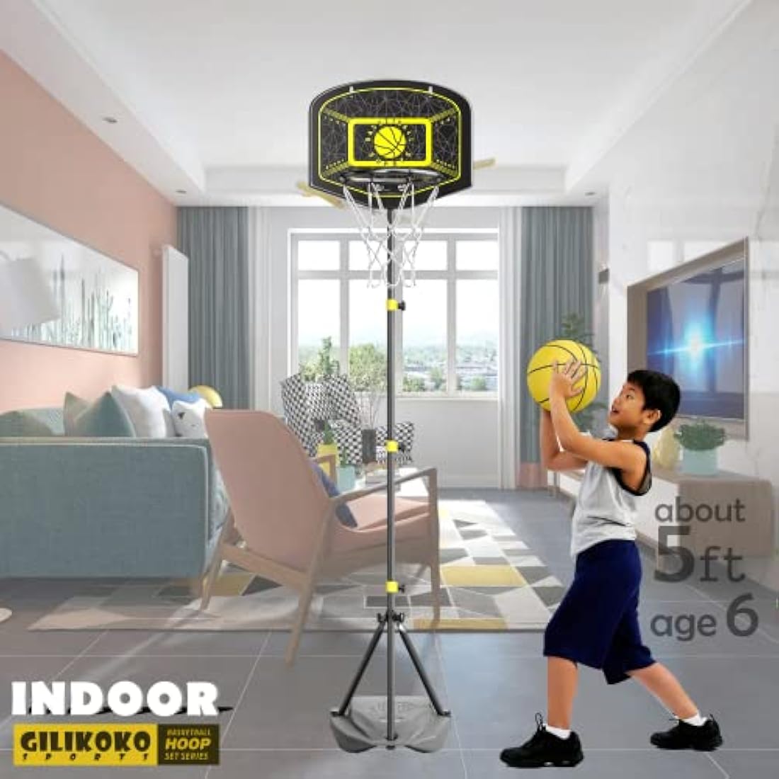 GILIKOKO Kids Basketball Hoop,Adjustable Height 3.6-6.2ft,Basketball Net Kids 3-5,4-8,Outdoor Indoor Toys Gifts for Boys or Girls at age 3 4 5 6 7 8,Steel Frame