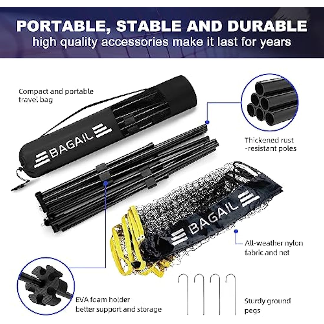 BAGAIL Badminton Net, Foldable Nylon Net, Hieght Adjustable Stand and Portable Carry Bag, Easy to Assemble or Disassemble, Ideal Recreational Sports Net for Tennis, Kids Badminton or Volleyball