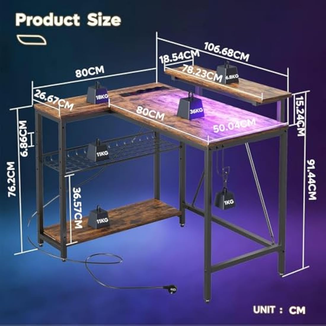 Bestier 106.5CM L-Shaped Desk with 3 Power Outlets, 2 USB Ports & LED Strip Lights, Reversible Corner Workstation with Shelves & Hooks for Office & Gaming