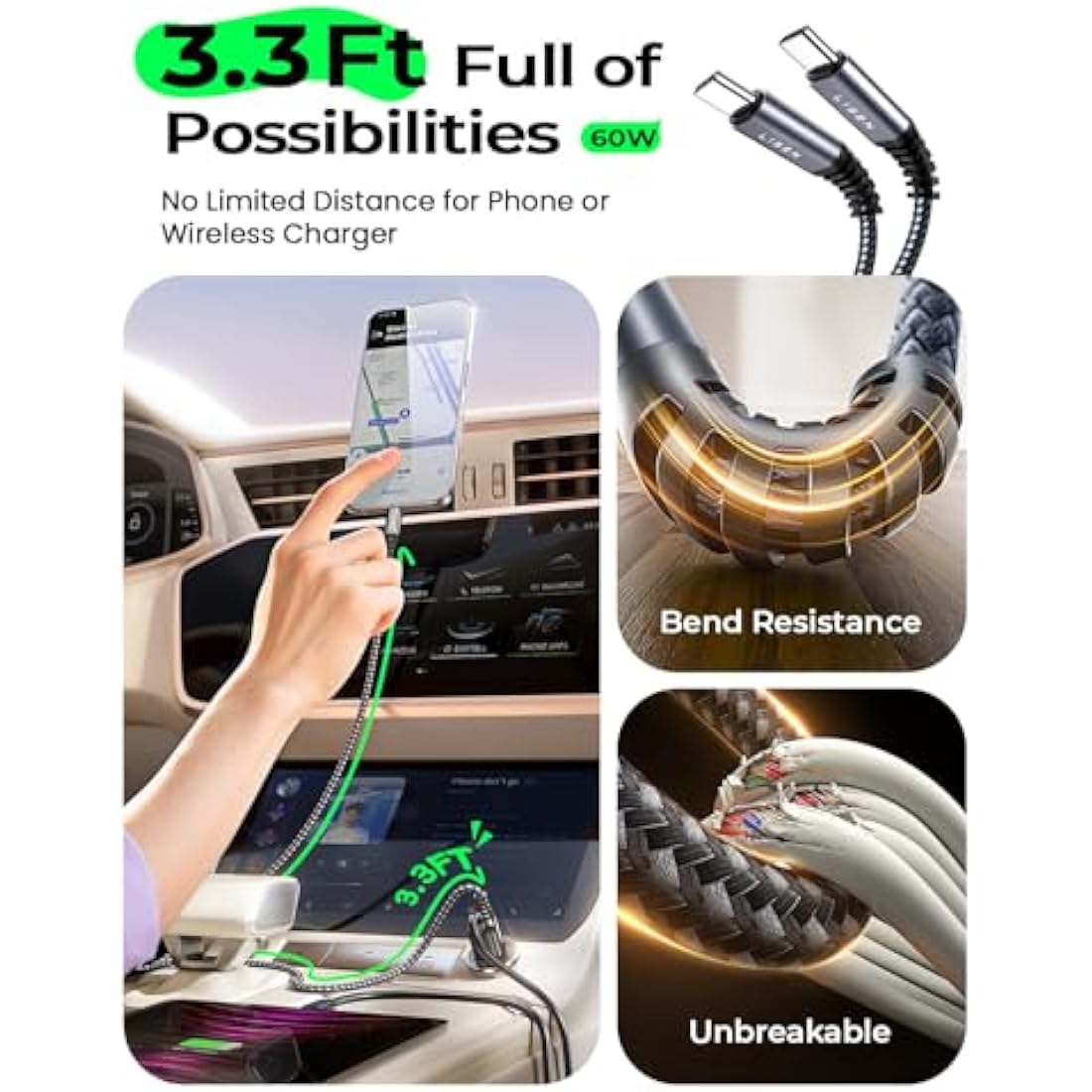 LISEN Car Charger Adapter USB C 54W 12V USB Socket [USBC 36W+QC18W] 60W USB C Cable PD3.0 Car Phone Charger Cigarette Lighter USB Charger for iPhone 16 Pro Samsung S25 Ultra Camping Car Accessories