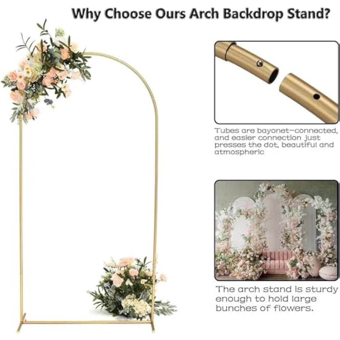 VINCIGANT 2M Wedding Arch Backdrop Stand, Square Arch Gold Metal Arch Backdrop Stand for Wedding Ceremony Birthday Party Baby Shower Garden Floral Balloon Arch Decoration