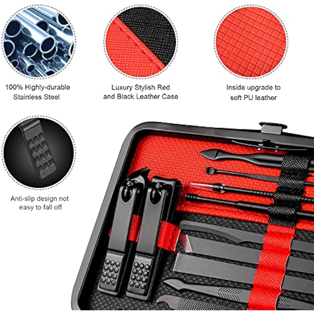 Keiby Citom Manicure Set 18pcs Professional Nail Clippers Kit Pedicure Care Tools-Stainless Steel Grooming Tools With Rose Gold PU Leather Case for Travel & Home (Black/Red)