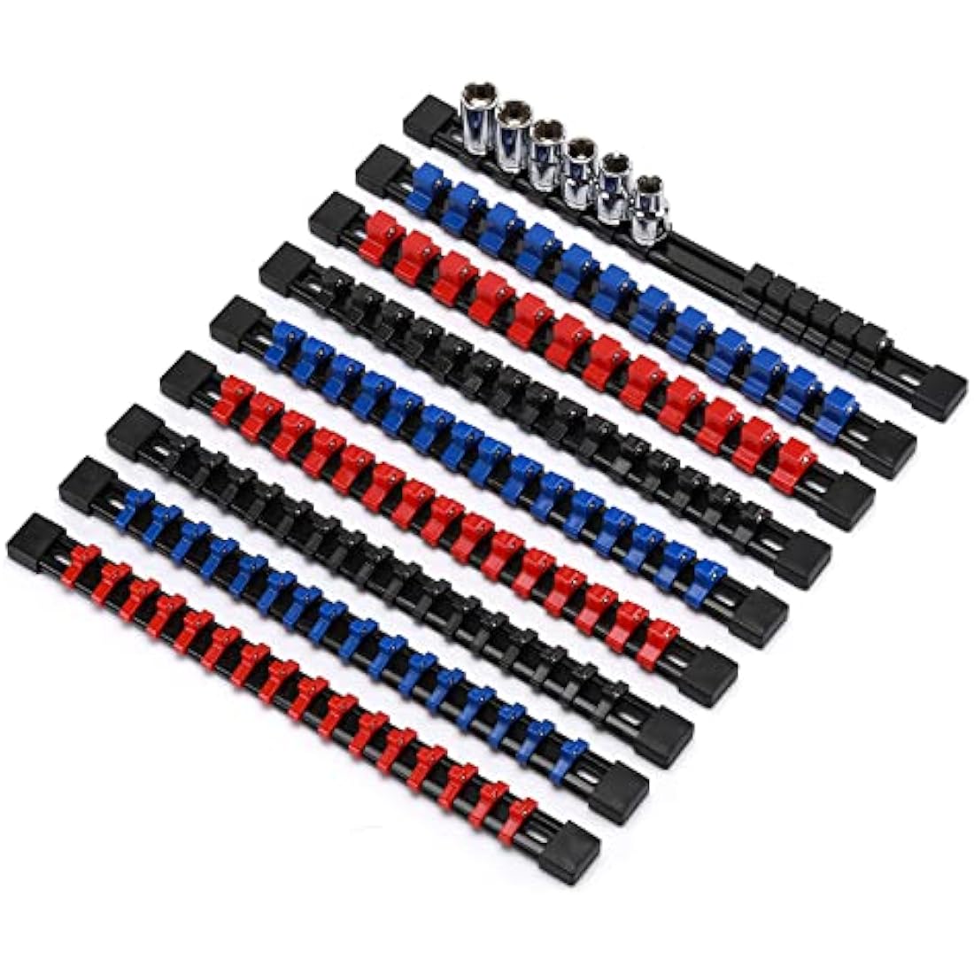 CASOMAN 9PC ABS Socket Organizer, 1/4-Inch, 3/8-Inch, 1/2-Inch, Premium Quality Socket Holders (9-Piece Set, Blue, Red, Black)
