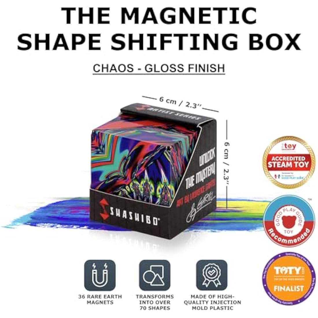Shashibo Shape Shifting Box - Award-Winning, Patented Sensory Cube w/ 36 Rare Earth Magnets - Extraordinary 3D Magic Cube – Sensory Toy Transforms Into Over 70 Shapes (Chaos- Artist Series)