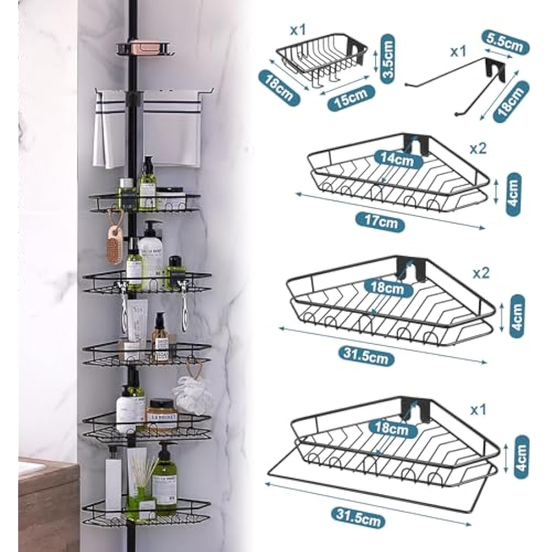 Mutool 7 Tier Adjustable Corner Shower Shelf, Telescopic Shower Caddy with Soap and Towel rack, No Drilling Bathroom Storage Organizer for Shampoo Accessories (Black)