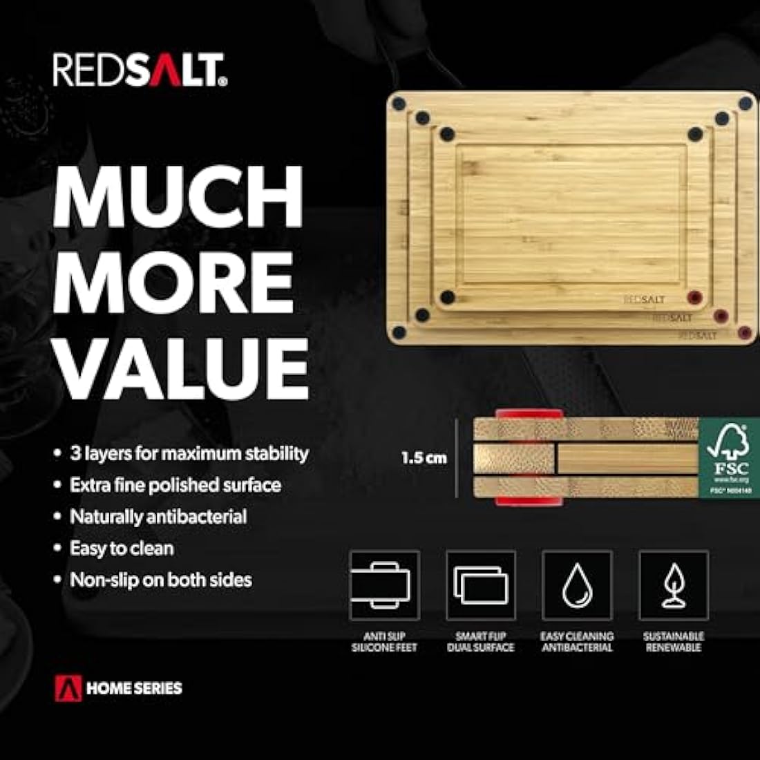REDSALT® Innovative Organic Bamboo Wooden Chopping Board, Set of 3, Non-Slip, 38 x 26, 32 x 22, 26 x 18 cm Wooden Sustainable Kitchen Board Reversible Antibacterial Deep Juice Groove, FSC Gift BBQ