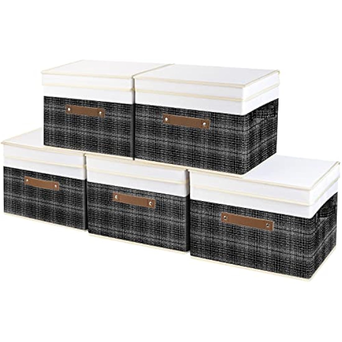 TYEERS Collapsible Storage Box with Lid, Patchwork Design, Decorative, Fabric Storage Box for Clothes, Wardrobe Storage, 38x25x25 cm, Set of 5, Black