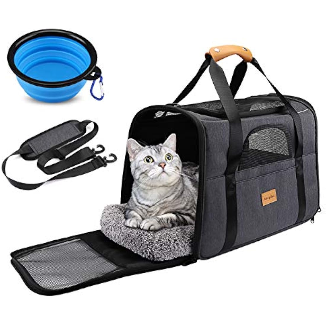 Morpilot Cat Carrier, Portable Pet Carrier Bag for Cats and Small Dogs, Foldable Soft Sided Cat Transport Carrier, Airline Approved Pet Travel Carrier with Shoulder Strap, Removable Mat and Pet Bowl