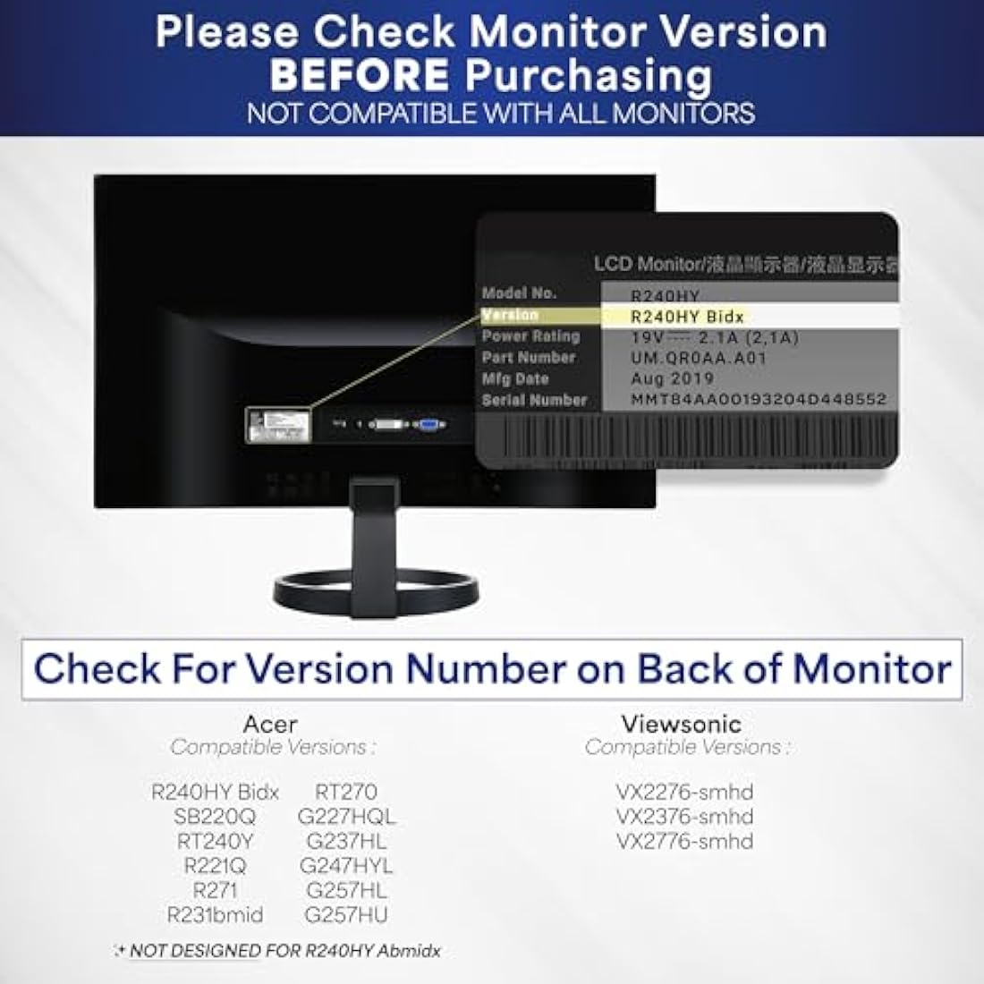 VIVO Quick Attach VESA Adapter Plate, Designed for Acer and Viewsonic Monitors Including R240HY bidx, SB220Q, RT240Y, R221Q, RT270, G227HQL, VX2276-smhd, and More, VESA up to 100x100 (MOUNT-AR240H)