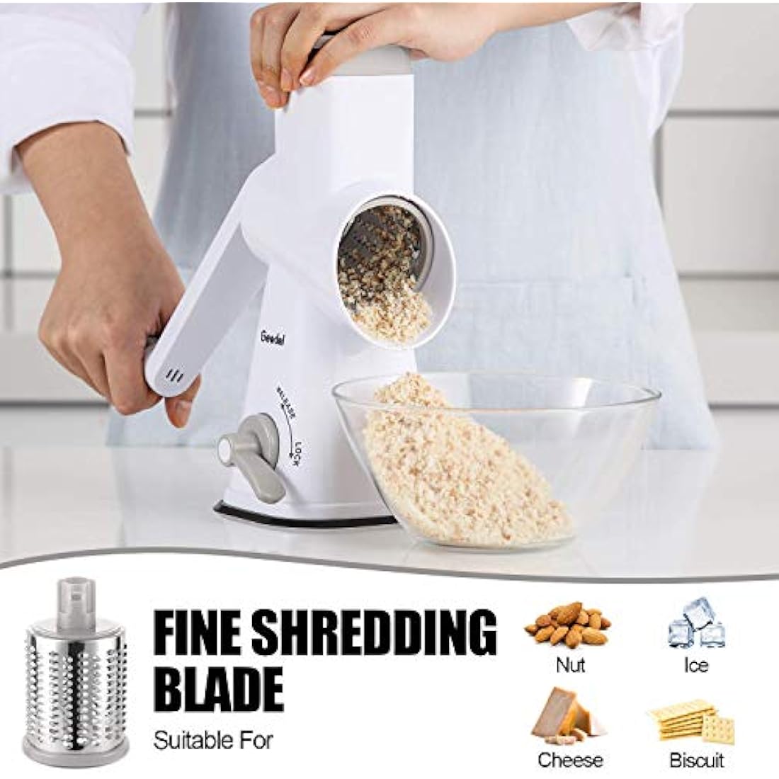 Rotary Cheese Grater, Mandoline Vegetable Slicer with 3 Detachable Drum Blades, Rotary Grater for Kitchen Dishwasher Safe, Effiently Cheese Grinder for Vegetables, Nuts, etc