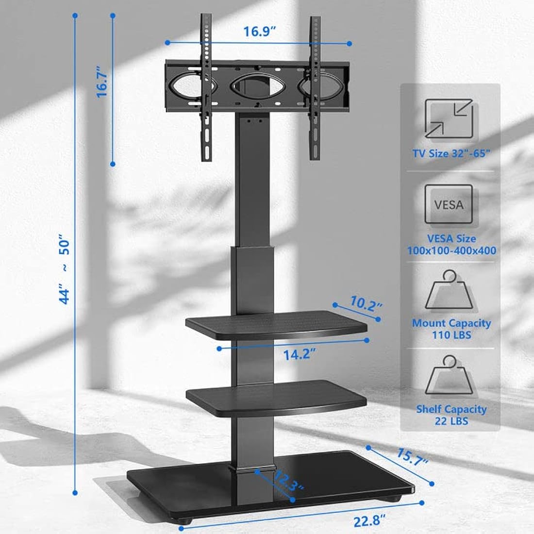 RFIVER Freestanding Swivel Floor TV Stand Tall TV Unit for 32 35 40 42 43 49 50 55 58 60 65 70 inch LCD/LED Flat Curved Screen Height Adjustable with 3-Tier Shelves Max VESA 400x400mm up to 50kgs