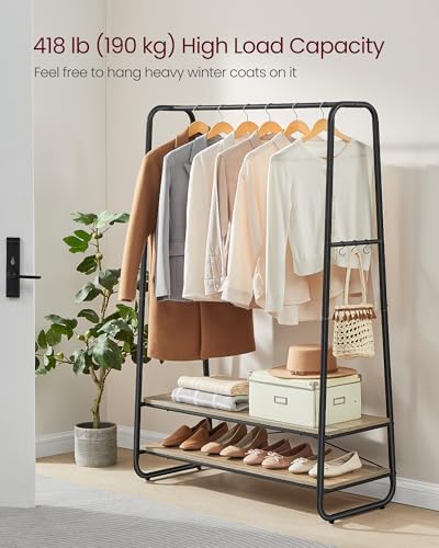 VASAGLE Clothes Rail, Clothes Rack with 2 Shelves, 6 S-Shaped Hooks, Steel Frame, for Bedroom, Turquoise Brown and Matte Black RGR112K01
