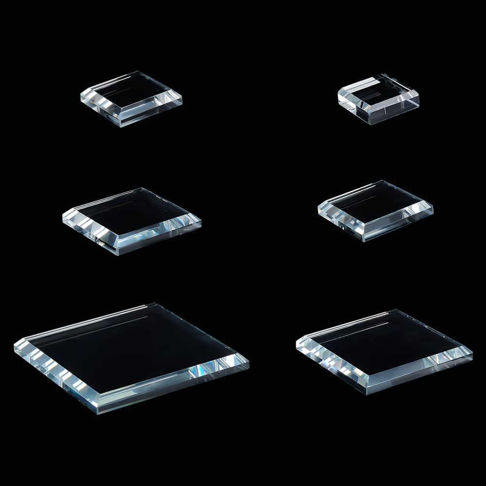 PH PandaHall 6 Pack Clear Crystal Glass Display Base, 6 Size Square Flat Glass Display Stand Blocks Cube Polished Riser Pedestal Stand for Figurines