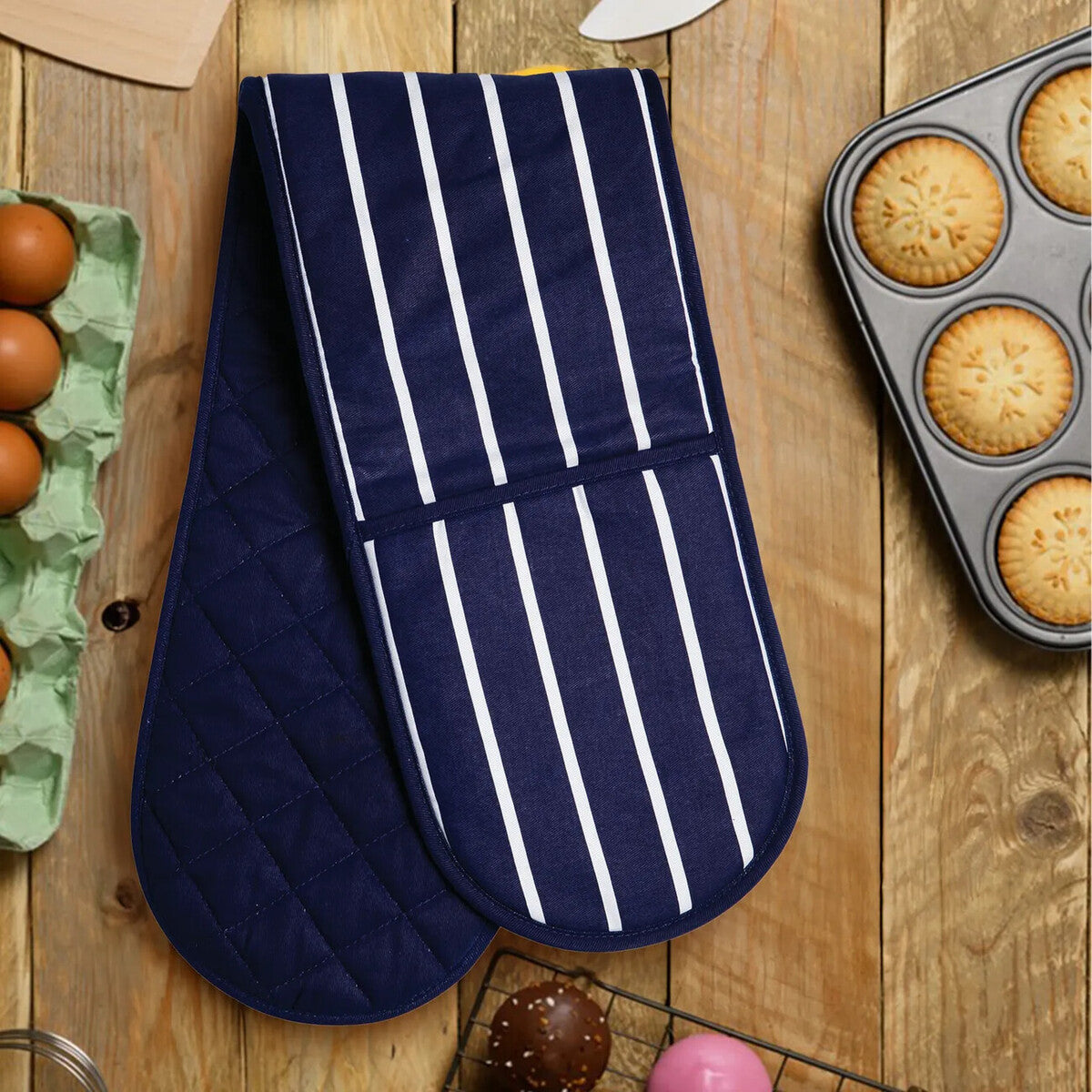 Navy Double Oven Glove | Butcher Stripe