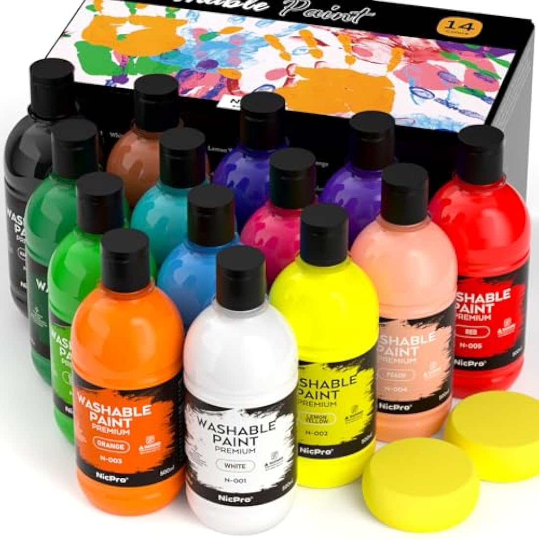 Nicpro 14 Colors Large Washable Paint Set for Kid (16.9 oz,500 ml), Acrylic Bulk Paint Supplies Non Toxic Children for Art, Craft DIY, Poster & Finger Paint, School, Home,Classroom