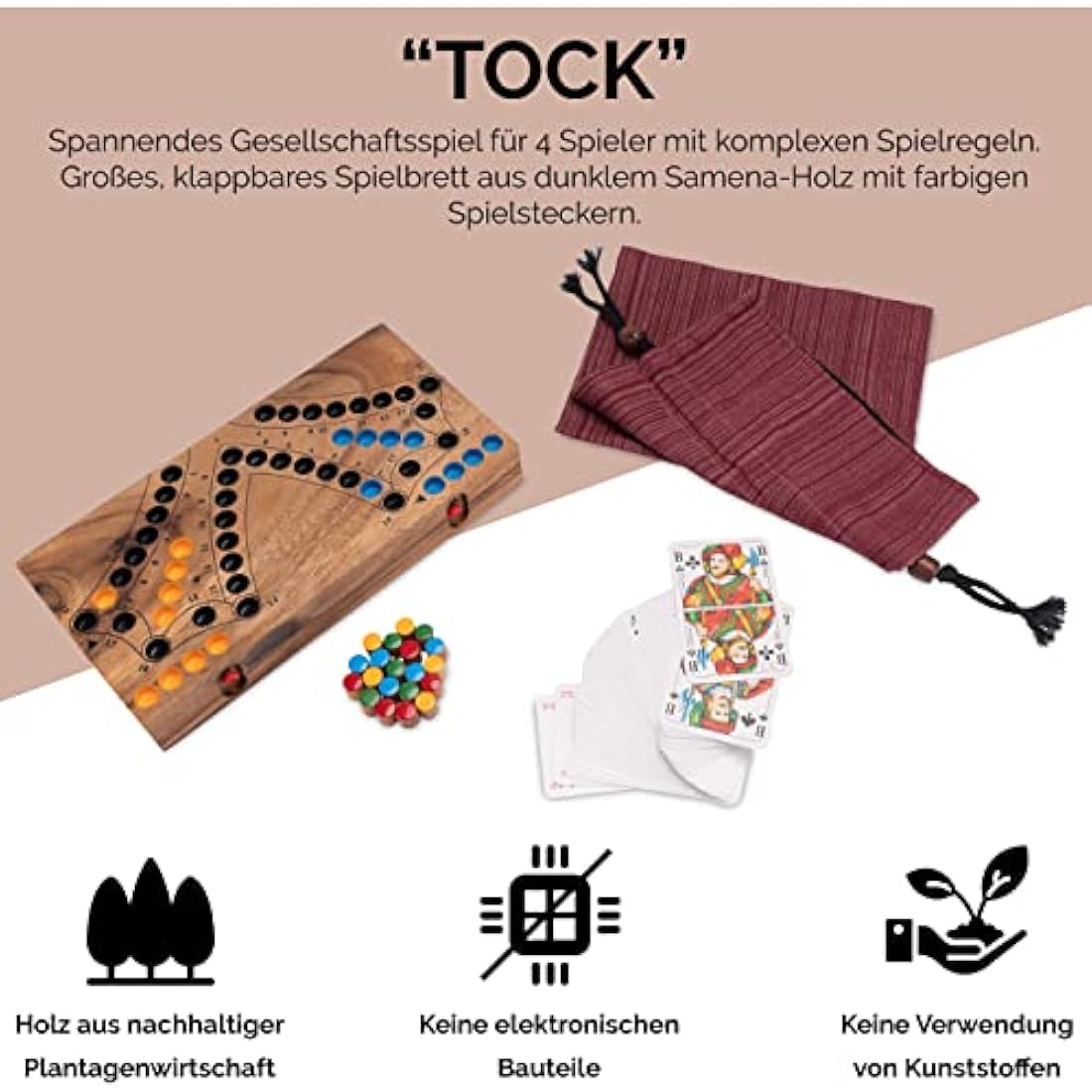 LOGOPLAY Tock for 4 Players - Board Game with Playing Cards - Wooden Board Game with Folding Board