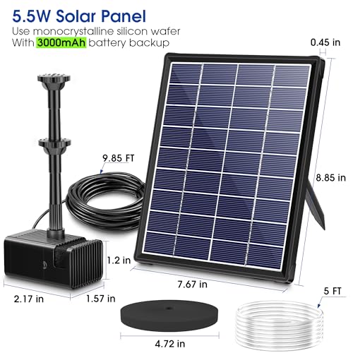 Biling 6W Solar Water Pump with 3000mAh Battery Backup 10 Nozzles Solar Pond Fountains Water Features for the Garden with 5ft Tubing for Bird Bath,