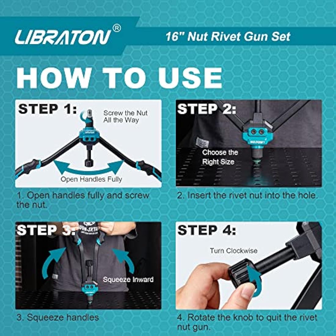Libraton 16" Rivet Nut Tool, Rivet Nut Gun, Hand Rivet Nut Setter with 70PCS Rivet Nuts, 7PCS Metric Interchangeable Mandrels and Carrying Case, Easy Replace