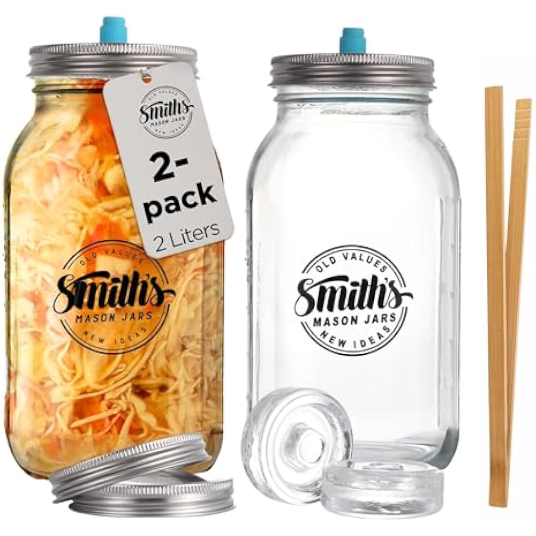 Smiths Fermentation Jars 2L – 2 Pack Glass Fermenting Jars with Airlock (1 Gas-Release Lid & 1 Storage Lid) – Used as Kimchi Container, Pickles, Kefir Jar, Kombucha, & Sauerkraut Fermentation Jar