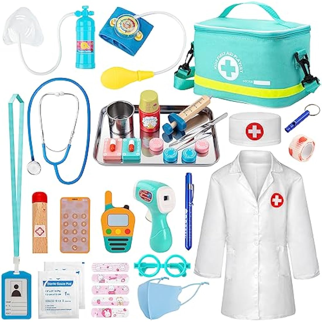Sundaymot Kids Doctors Wooden Kit, 34 Pcs, with Real Stethoscope, Portable Doctors Bag, Pretend Role Play Medical Kit Toys for 3-6 Year Old Toddlers