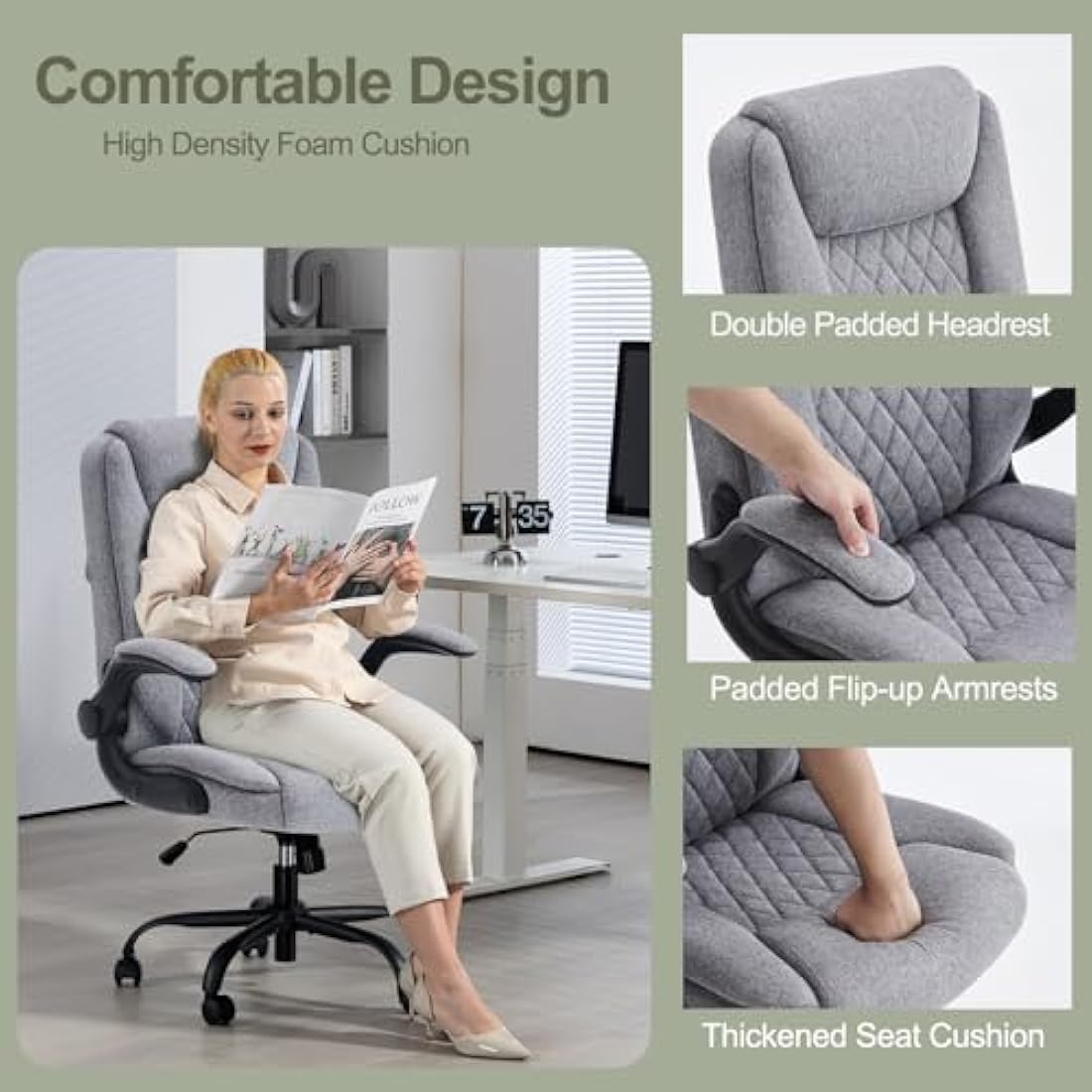 CASTLOVE Ergonomic Office Chair Computer Chair Executive Office Chair with Flip Up Armrest High Back Rocking Function Height Adjustable Comfortable Desk Chair for Home Office Fabric Grey