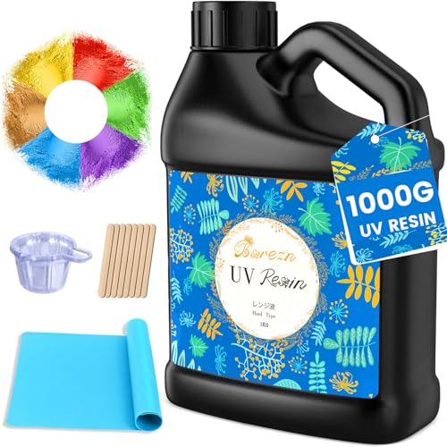 Bsrezn 1000g Bulk UV Resin Hard, Crystal Clear Large UV Cure Epoxy Resin Kit Premixed Resina UV Transparent Solar Activated Glue for Jewelry Making Fast Curing 1KG with 6 Colors Mica Powder