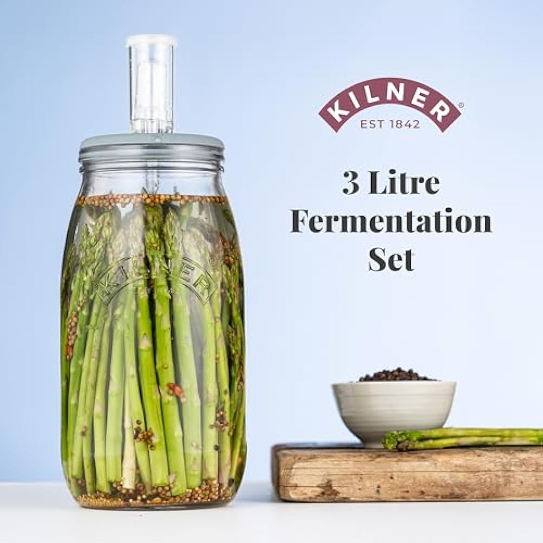 Kilner 3 Litre Fermentation Set Airtight Glass Jar with Silicone Lid, Air Lock, Ceramic Weights & Recipe, Booklet Ideal for Sauerkraut, Kimchi & Pickles