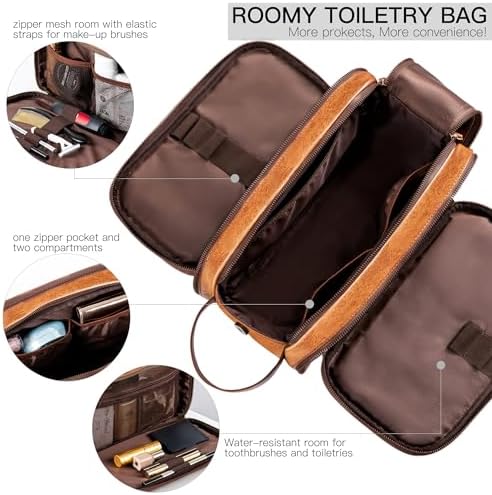 Elviros Water-Resistant PU Leather Toiletry Bag for Men Large Travel Wash Bag Shaving Dopp Kit Bathroom Gym Toiletries Makeup Organizer with Wet Dry Compartment