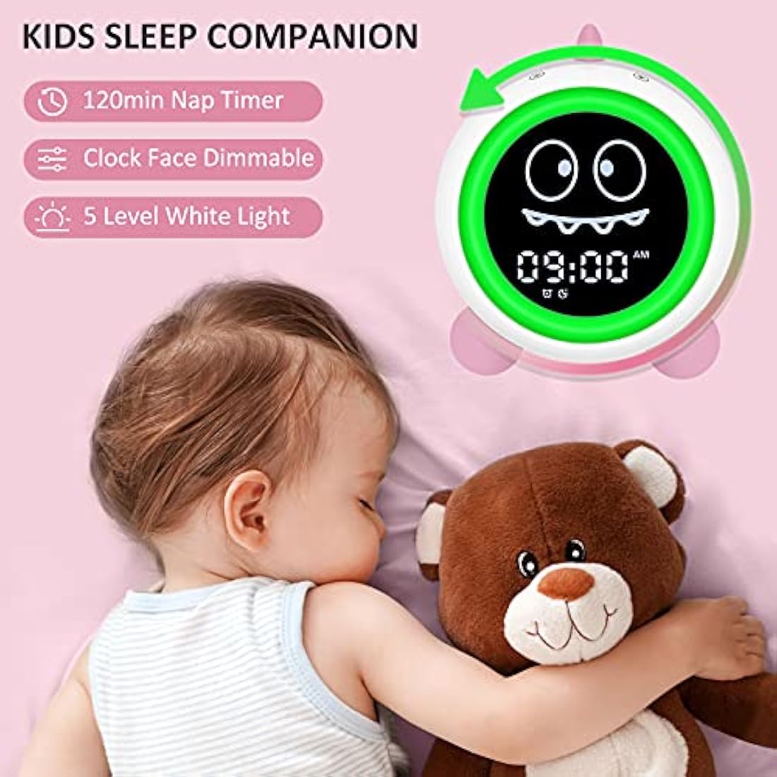 Kids Alarm Clock, Toddler Sleep Training Clock with Night Lights, Sound Machine, Time to Wake Dinosaur Alarm Clock for Children (Pink)
