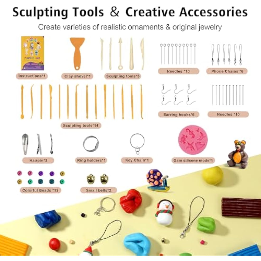 Polymer Clay 60 Colors, Modeling Clay for Kids DIY Starter Kits, Oven Baked Model Clay, Non-Toxic, Non-Sticky,with Sculpting Tools, Gift for Children and Artists.