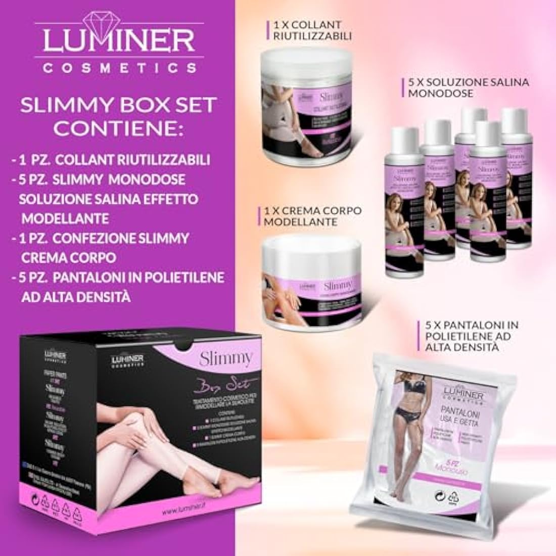 LUMINER Slimmy Box Set with 5 Treatments Reusable Anti-Cellulite Draining Tights with Dead Sea Salt, Cartene Trousers and Anti-Cellulite Cream for Legs and Buttocks - INCI of Natural Origin