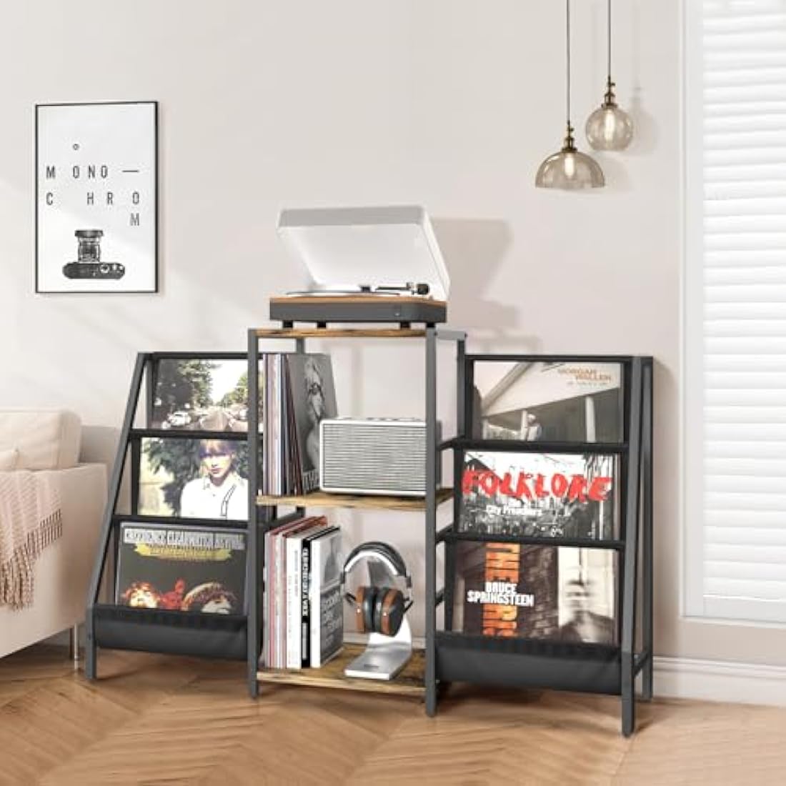 Bikoney Record Player Stand with 280 Album Vinyl Storage, Turntable Cabinet with CD Rack Media Console for Home Audio, Stereo & Vinyl Record Display