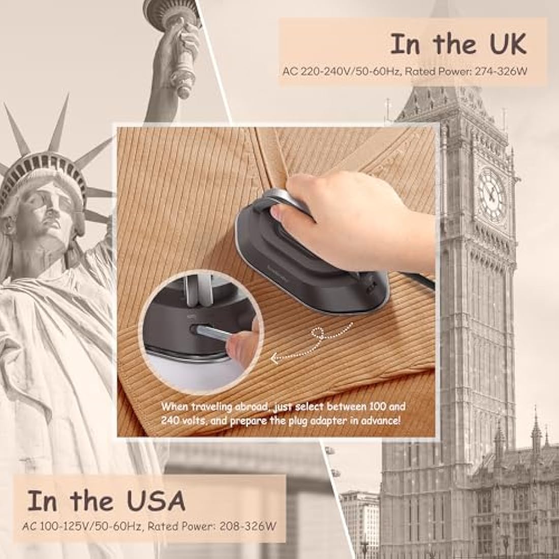 Newbealer Travel Iron - Mini Iron with Dual Voltage-220V/120V for Clothes, Compact Iron with Small Pouch for Global Travel, Quilting & Sewing, Brown