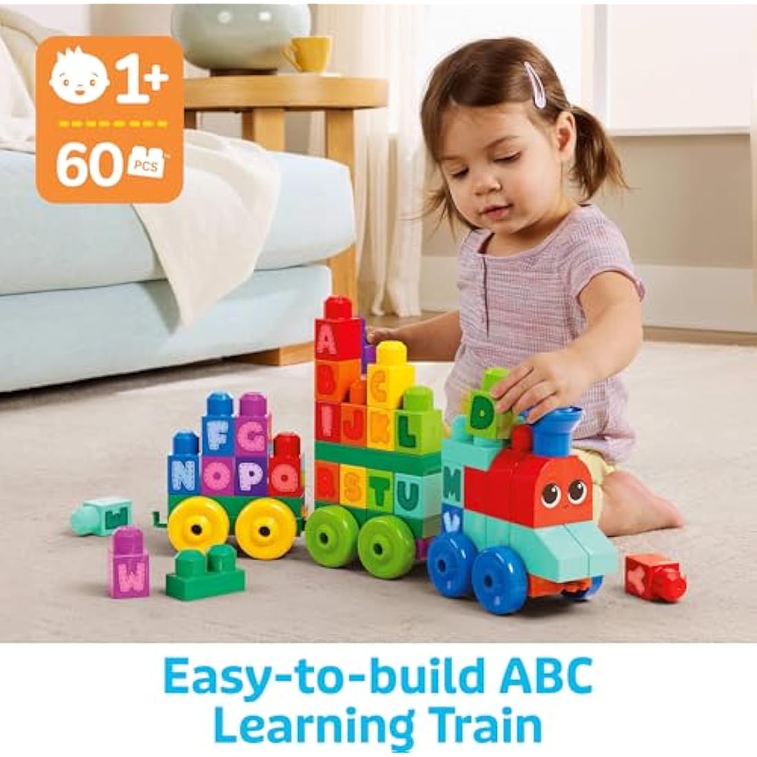 MEGA BLOKS First Builders Toddler Building Blocks Toy Set, ABC Learning Train with 60 Pieces, Ages 1+ Years, DXH35